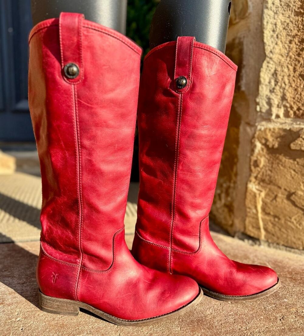 Frye Red Leather Knee High Riding Boots Women’s Size 6.5 Button Detail